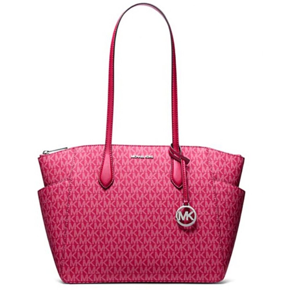 New Michael Kors Marilyn Medium Signature Logo Tote Bag Dark Raspberry Multi - Picture 4 of 5